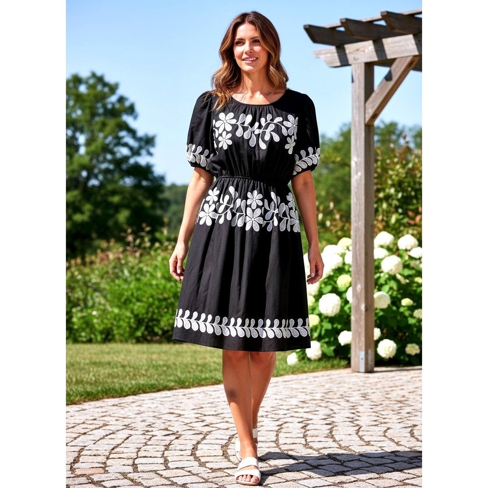 Embroidered Floral Cotton Mini Dress Womens XL Black‎ White Stretch Waist - NWT